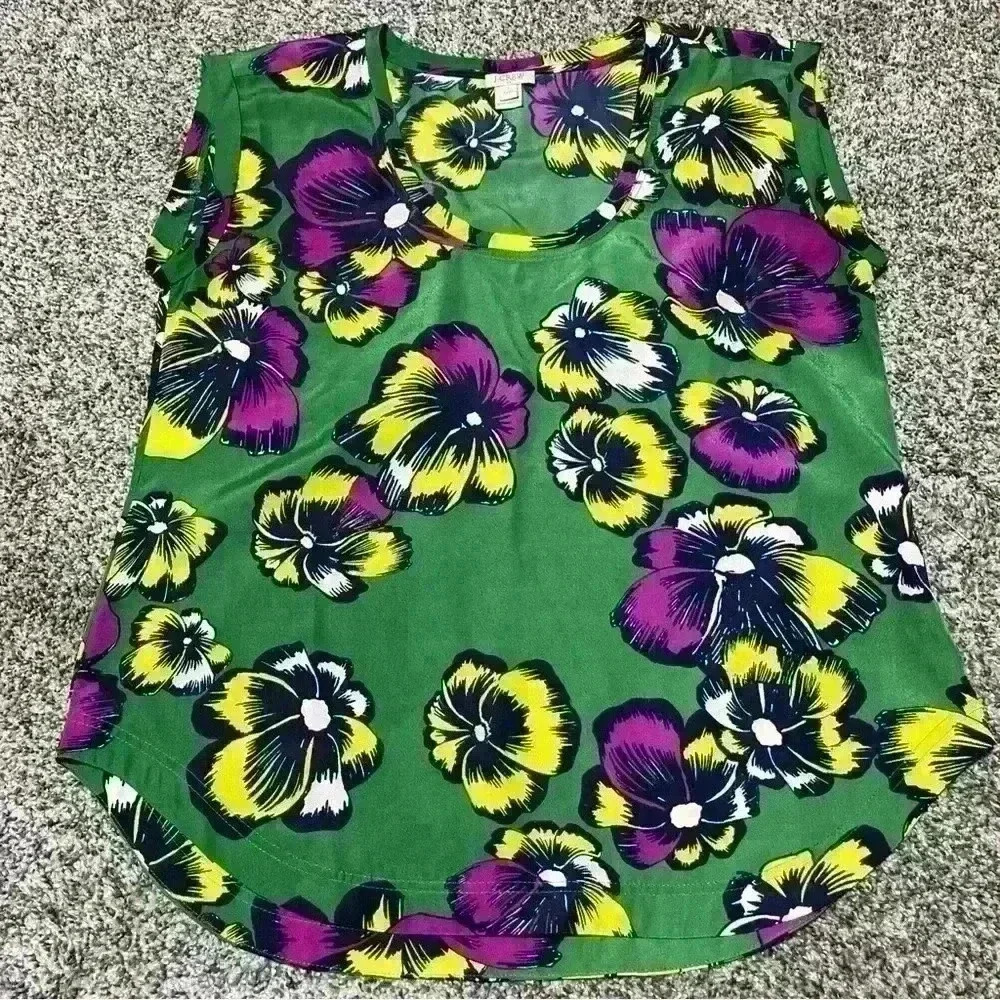 J Crew  Floral Blouse Top Size 4 Petite Green Yellow  Purple Womens